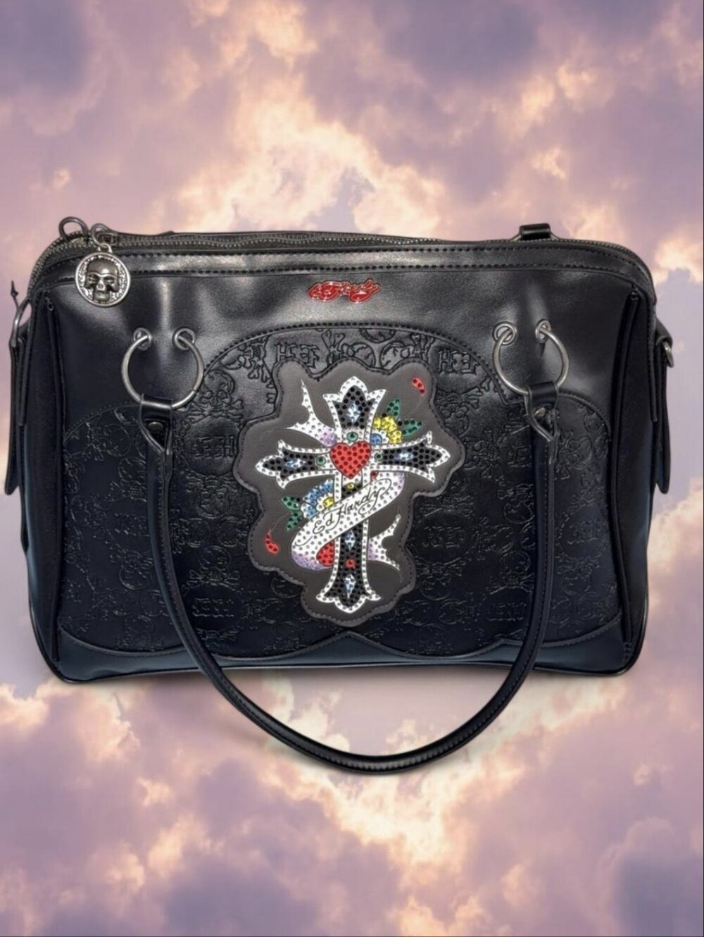 Ed Hardy Black Embellished Cross Applique Shoulder Bag